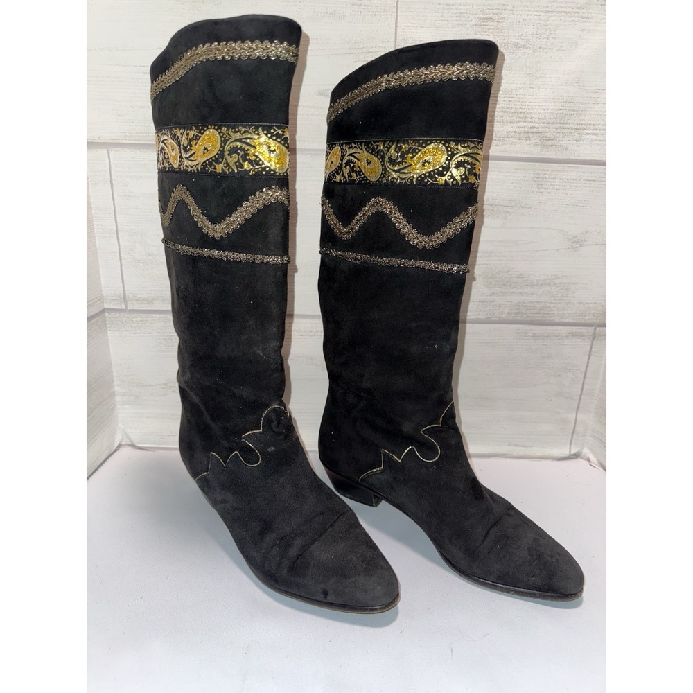 Black Suede With Gold‎ Womens Boots Size 7 , Cowboy , Genuine Leather , German